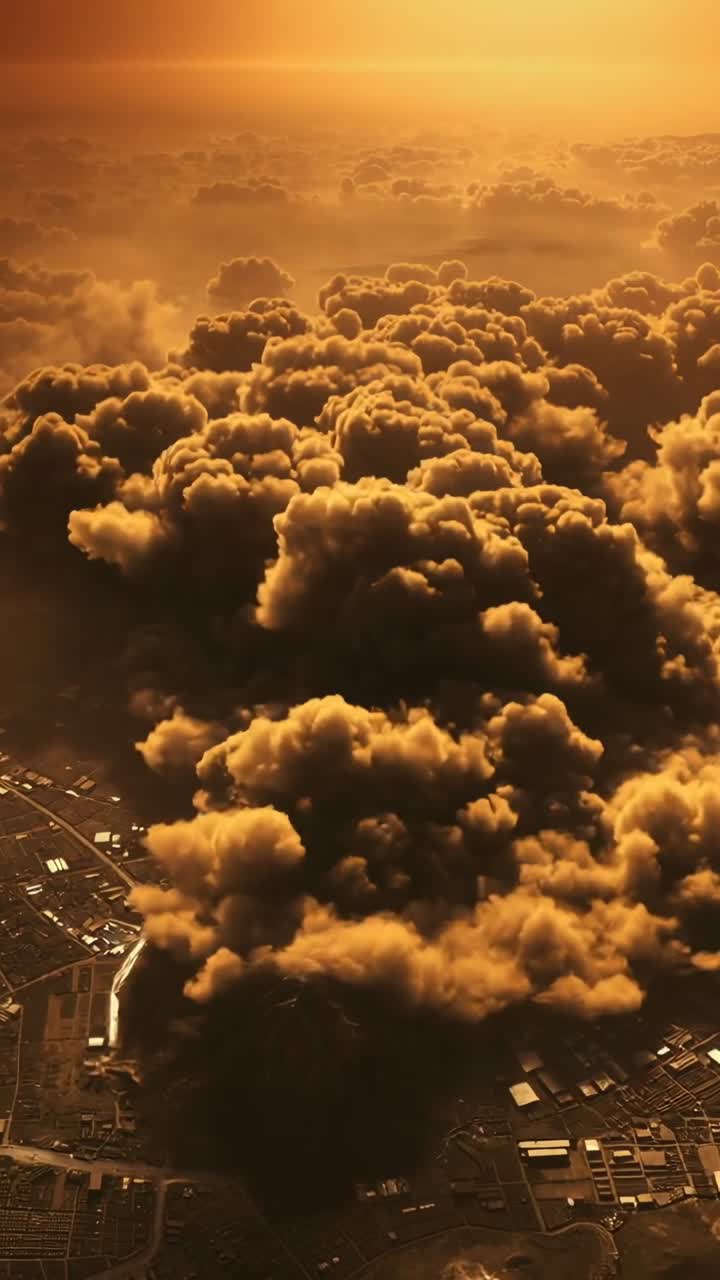 Vertical video: Approaching drone showing cumulus cloud bank billowing over city grid and dark hill