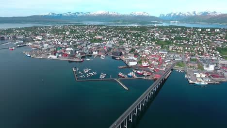 Bridge-of-city-Tromso,-Norway-Aerial-footage