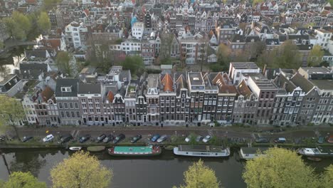 birds eye aerial view above famous canal streets in amsterdam, dutch capital city