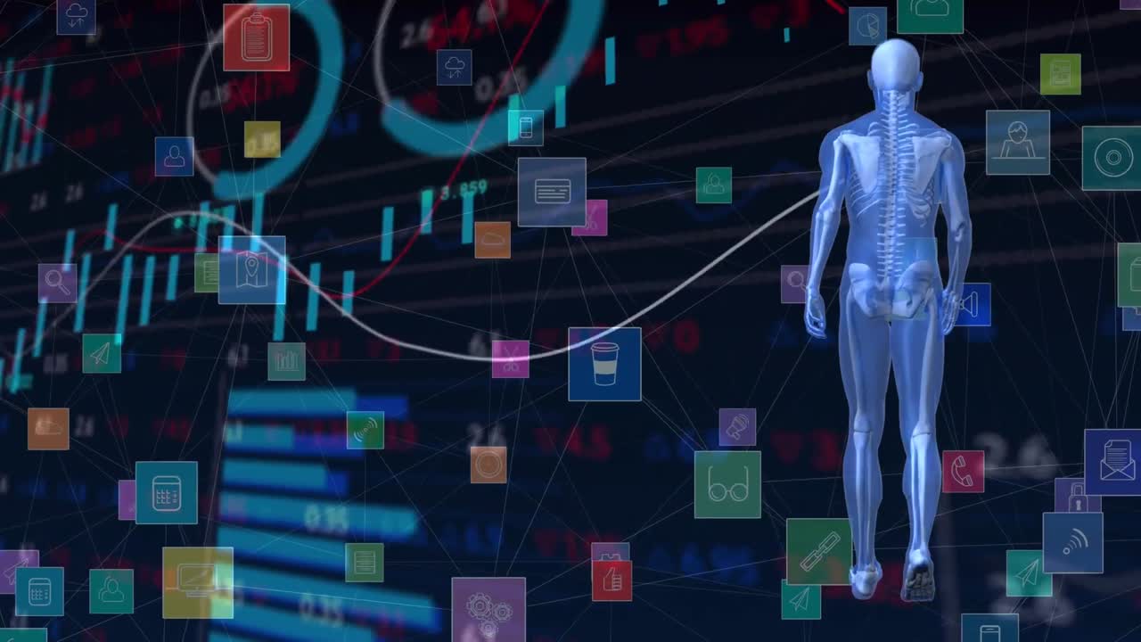 animación de procesamiento de datos y humano digital en fondo negro