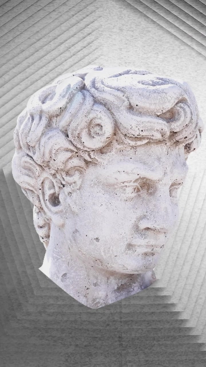 Animazione di una statua su una superficie esagonale grigia in movimento.