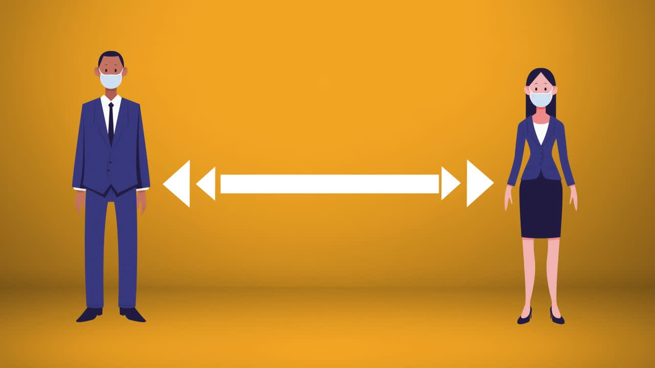 얼굴 마스크를 착용하고 사회적 거리를 유지하는 사람들의 다수의 픽토그램이 바뀌는 배경에 있습니다.