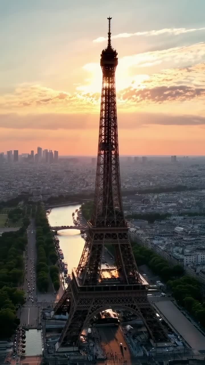 Video aereo che riprende la Torre Eiffel al tramonto, mostrando una vista mozzafiato del paesaggio urbano.