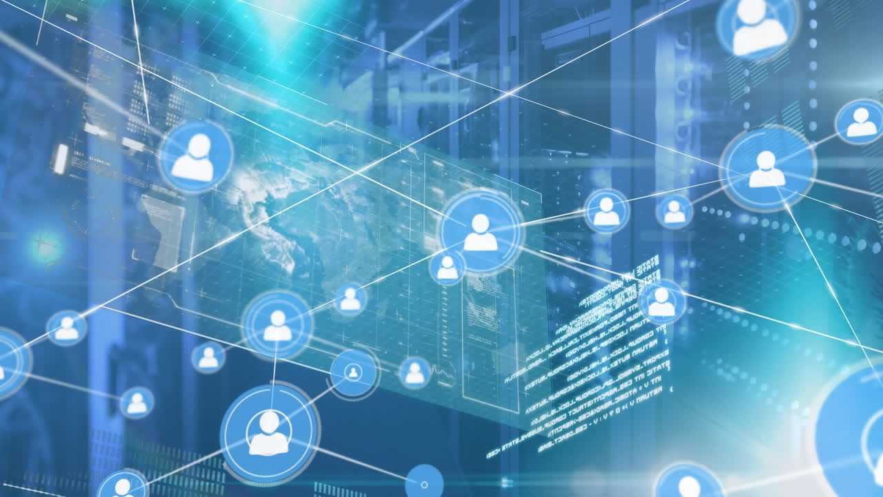 Animation of network of connections with icons over servers