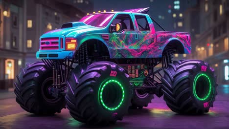 neon monster truck in a city at night