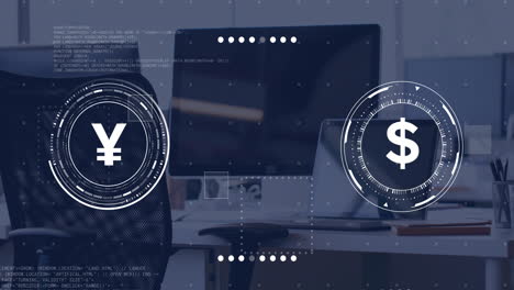 animation of currency symbols with data processing over desk with computer in office