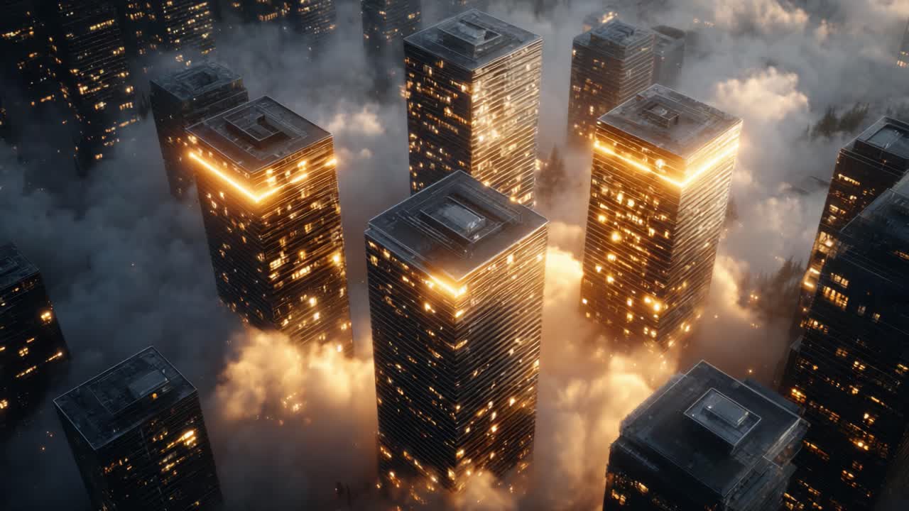 A Stunning Aerial View of Urban Skyscrapers Illuminated by Golden Lights, Surrounded by Enveloping Clouds, Creating a Dreamlike Cityscape at Dusk