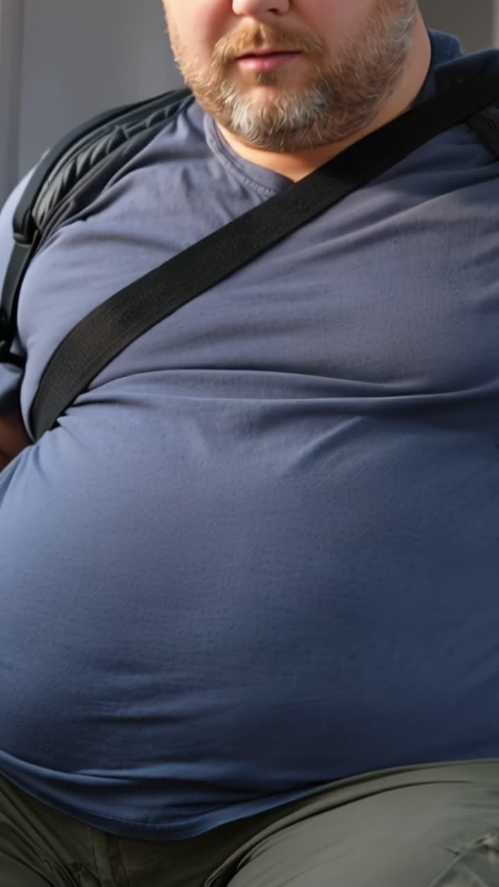 Uomo con cintura di sicurezza in auto, mostra una pancia grande. Appare calmo, seduto comodamente. Focus sulla questione del sovrappeso, consapevolezza della salute. Utile per campagne mediche, di lifestyle o assicurative.