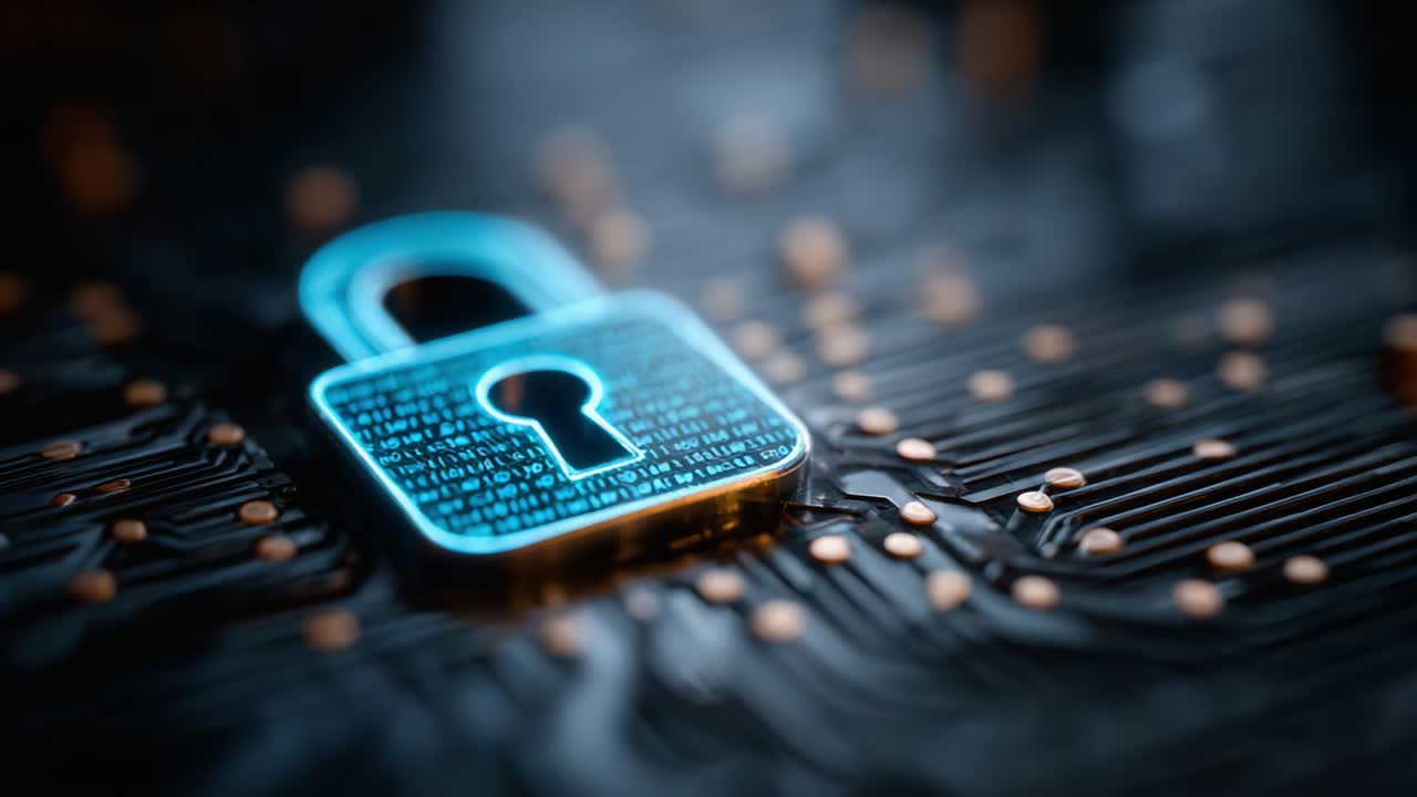 A digital lock symbolizing cybersecurity, data protection, and encryption technology, set against a circuit board backdrop showcasing a network of information streams