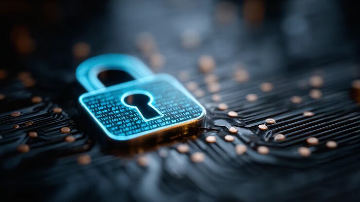 A digital lock symbolizing cybersecurity, data protection, and encryption technology, set against a circuit board backdrop showcasing a network of information streams