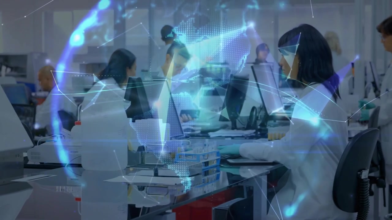 Data feed starting, lab staff working at bench while blue overlay forming globe, visualizing data