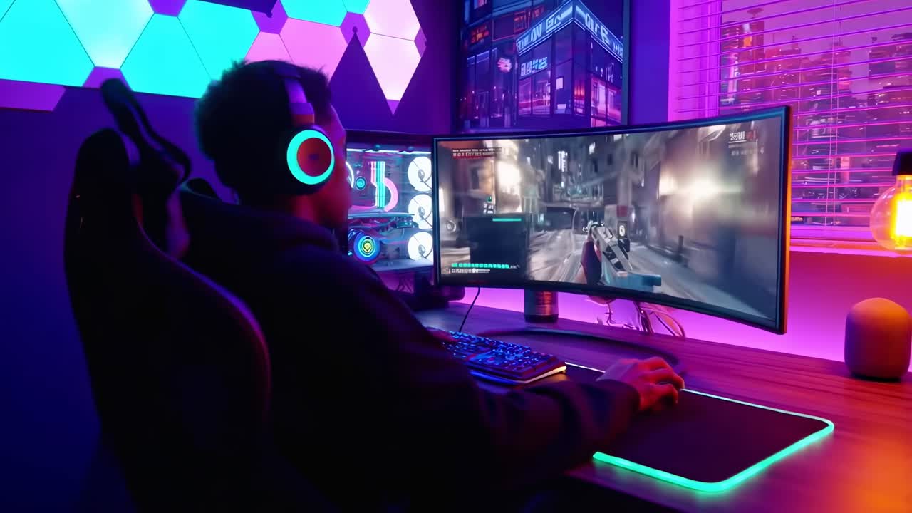 Side angle of a gamer immersed in a video game, neon-lit room with futuristic decor