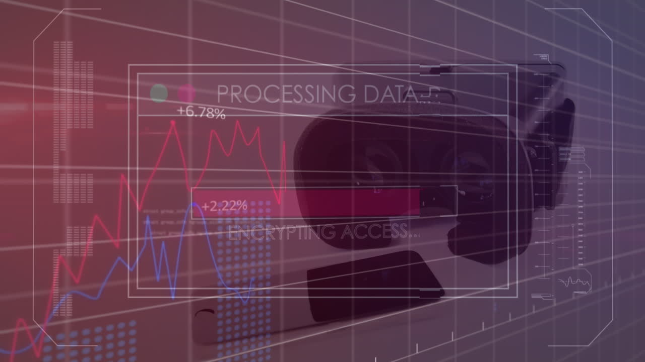 animación de textos, barra de carga sobre gráficos con números cambiantes contra auriculares vr en la mesa.
