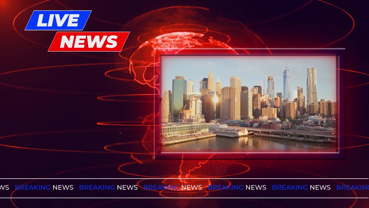 Breaking News Broadcast Graphics with Digital Globe and City Skyline