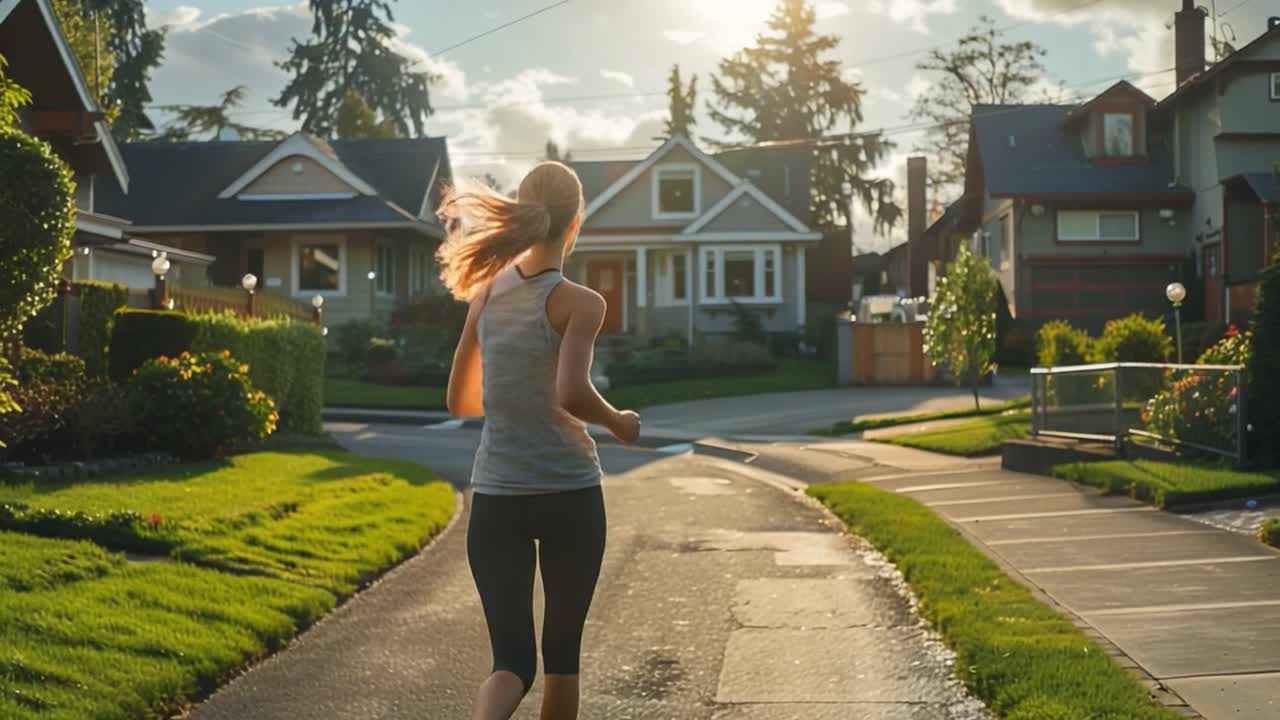 Woman running on a suburban street