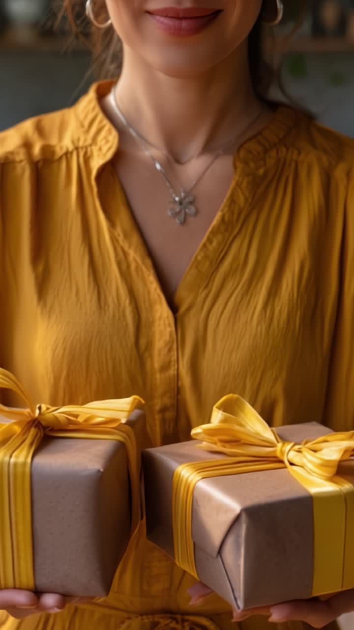Una donna allegra tiene in mano due regali splendidamente incartati, irradiando calore e gioia, con nastri gialli vivaci che aggiungono un tocco di eleganza alla presentazione.