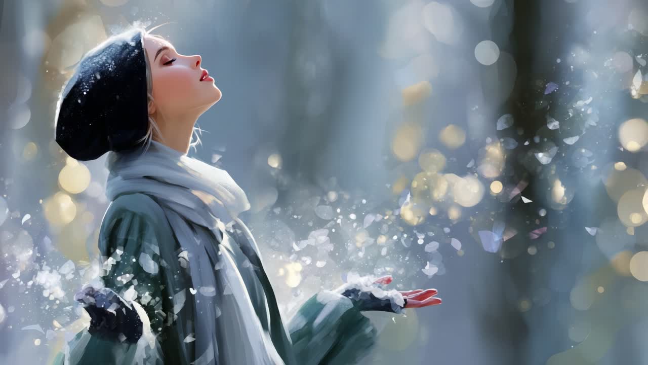 Serene Winter Magic: A Young Woman Revels in the Beauty of Falling Snowflakes, Capturing the Enchantment of a Tranquil Winter Day in Nature's Embrace