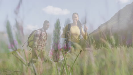 animation of happy african american couple hiking over landscape in sun