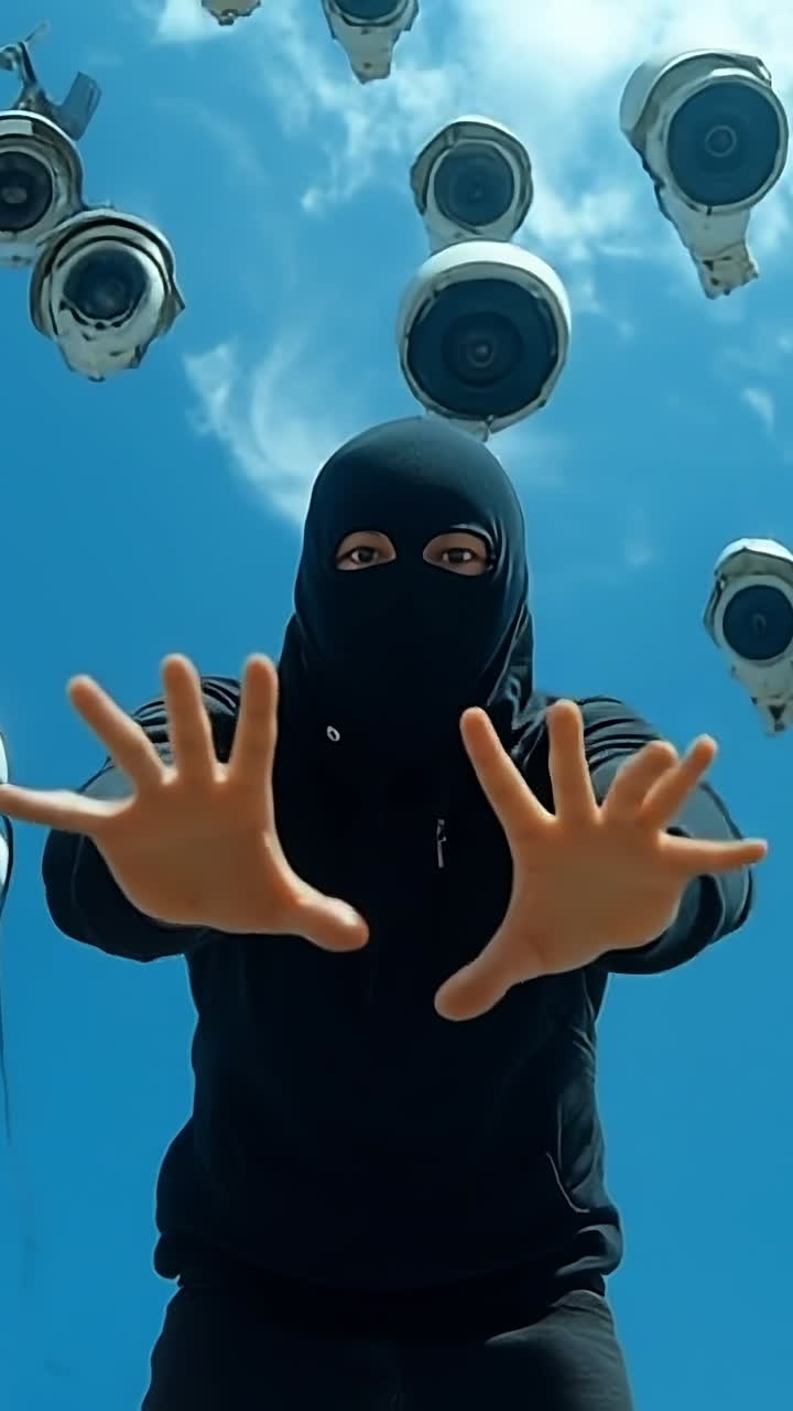Person amidst outdoor cameras. A masked person raises hands under a bright sky, surrounded by security cameras, embodying rebellion.
