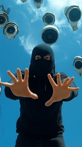 person amidst outdoor cameras. a masked person raises hands under a bright sky, surrounded by security cameras, embodying rebellion.