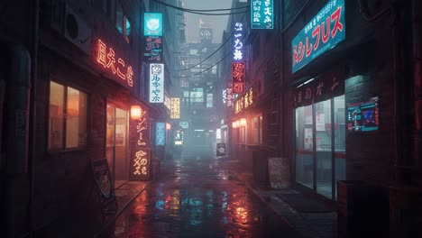 a vibrant neon alleyway at night: captivating urban scene with colorful signs, glowing lights, and a mysterious fog creating an enigmatic atmosphere in a bustling cityscape