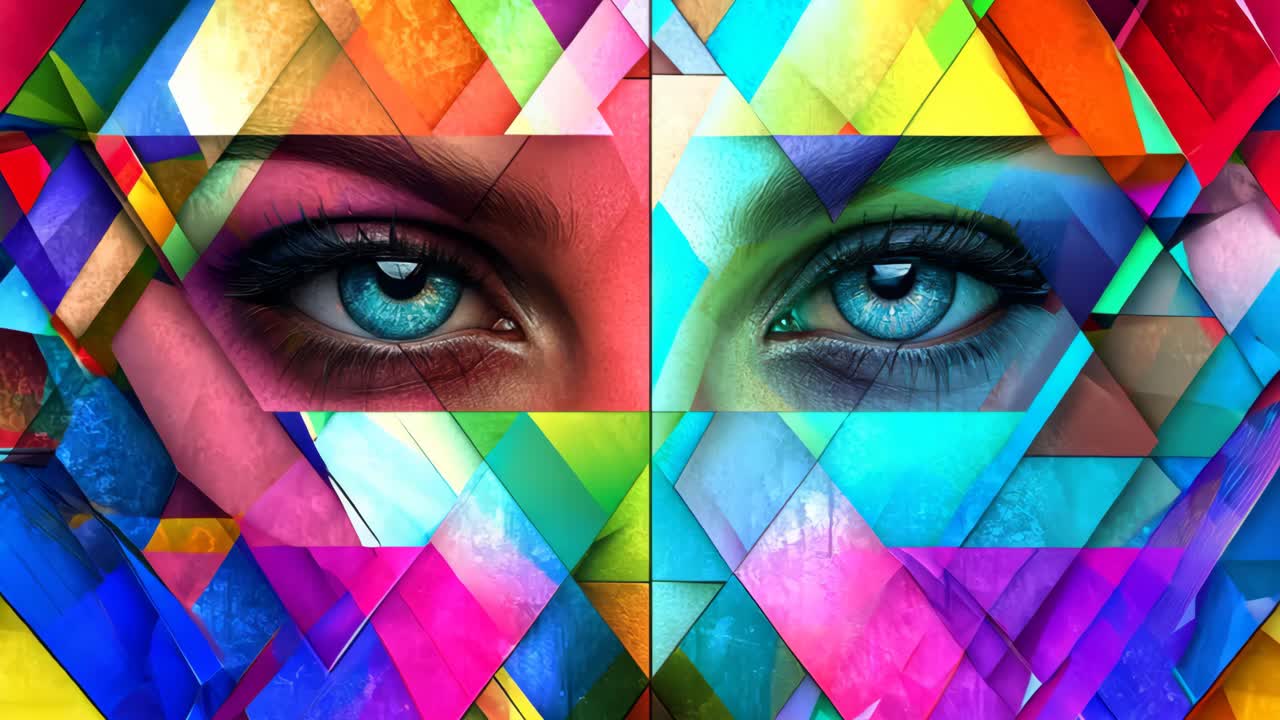 A colorful abstract painting of a woman's face with blue eyes. The painting is made up of many different colored triangles