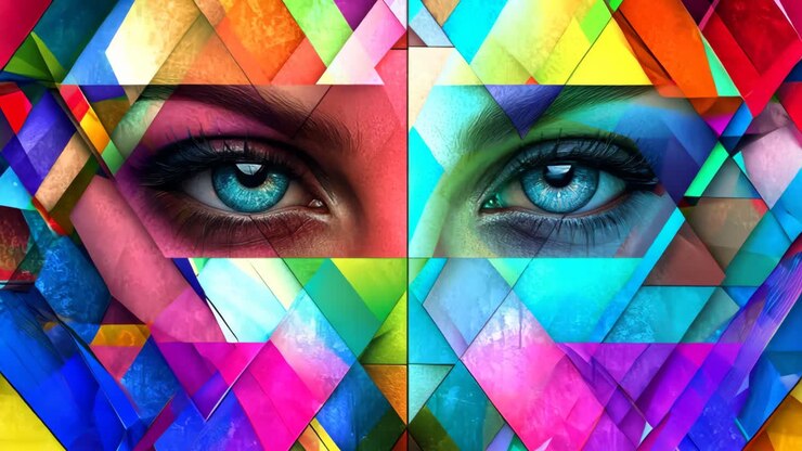 A colorful abstract painting of a woman's face with blue eyes. The painting is made up of many different colored triangles
