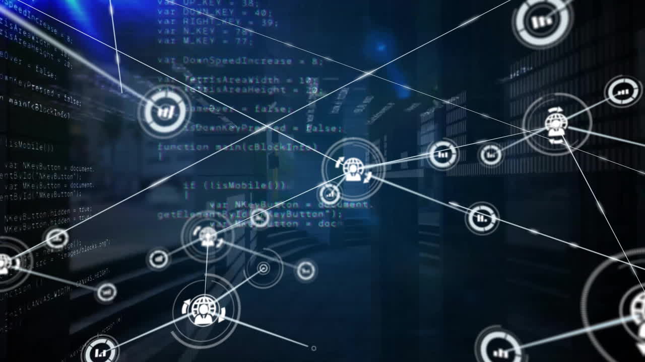 Animation of network of connections with iconsover glowing light trails