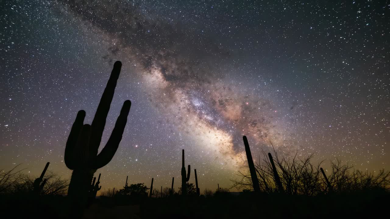 Earth rotation causing Milky Way, stars drifting above saguaro silhouette in desert sky, copy space