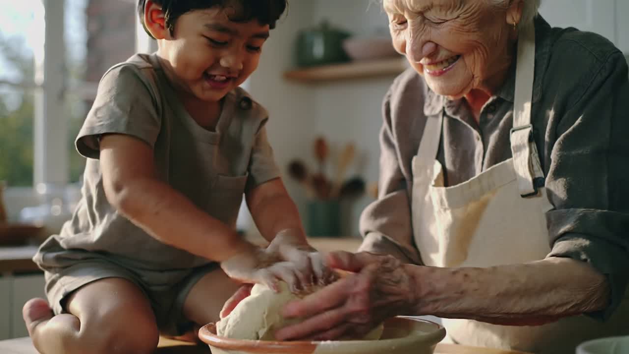 Grandma guiding preschool boy kneading dough in home, placing hands into bowl with apron for baking