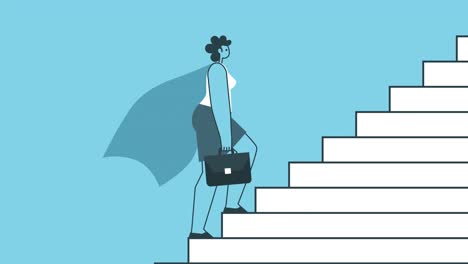 woman superhero climb walking up the stairs. success and career growth concepts. flat design cartoon character isolated loop 2d animation