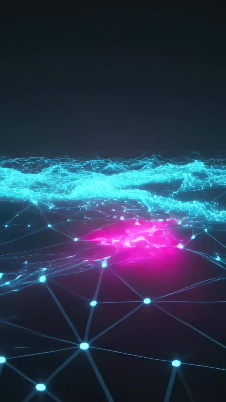 Video verticale: Rete al neon pulsante che risponde a un impulso magenta in un vuoto oscuro, con nodi ciano.
