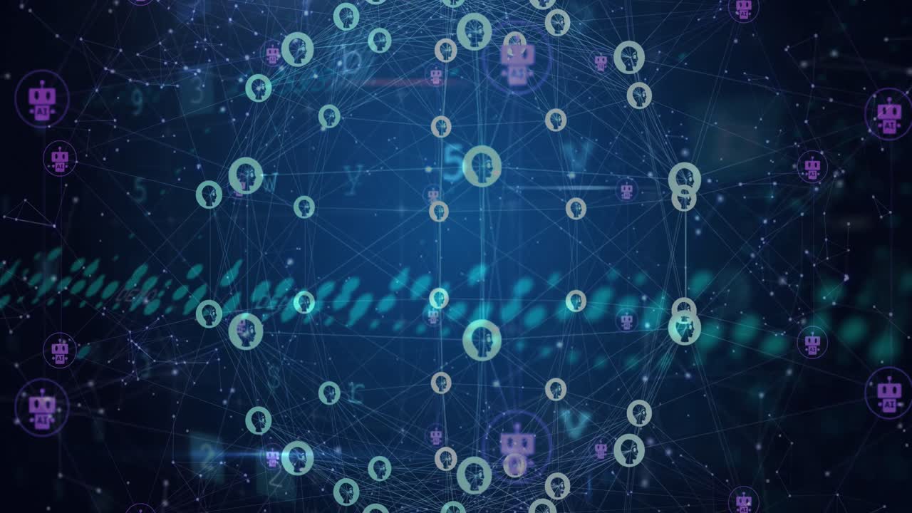 Animation of ai data processing over globe and connections with ai icons