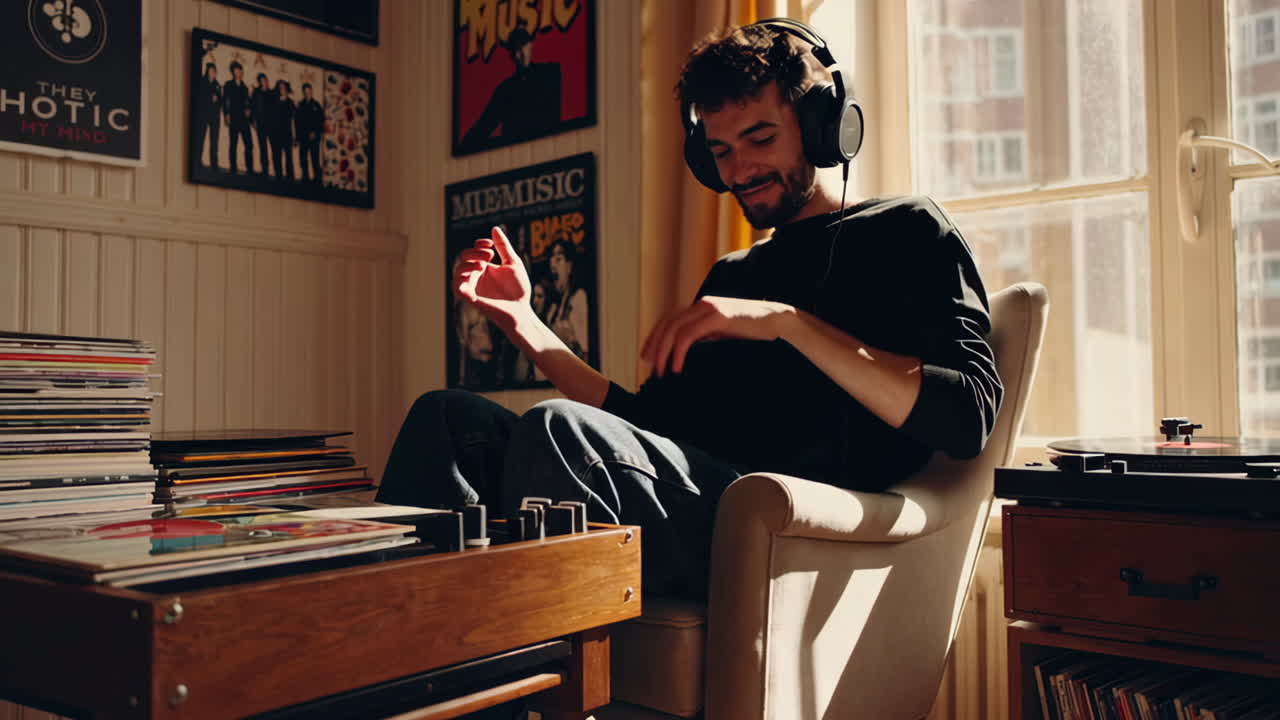 헤드폰으로 음악을 듣고 남자