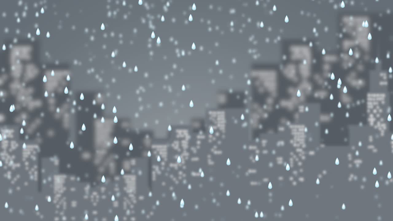 灰色で焦点がぼけた、ピクセル化された都市の背景に対して、垂直に小雨が降る。