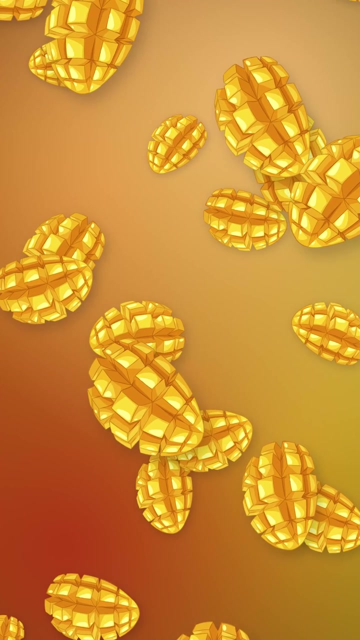 Pezzi di mango stilizzati in 3D cadono verticalmente su uno sfondo sfumato a rete caldo arancione e rosso