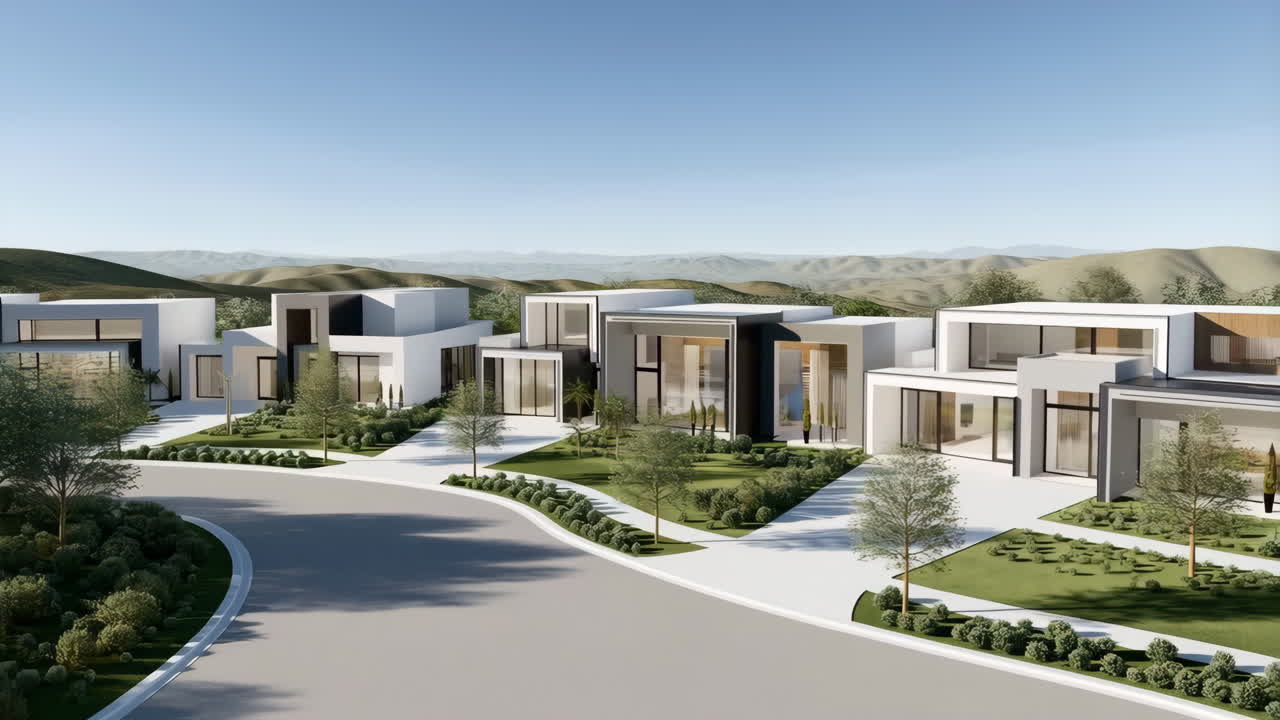 Modern Suburban Housing Development with Mountain Backdrop