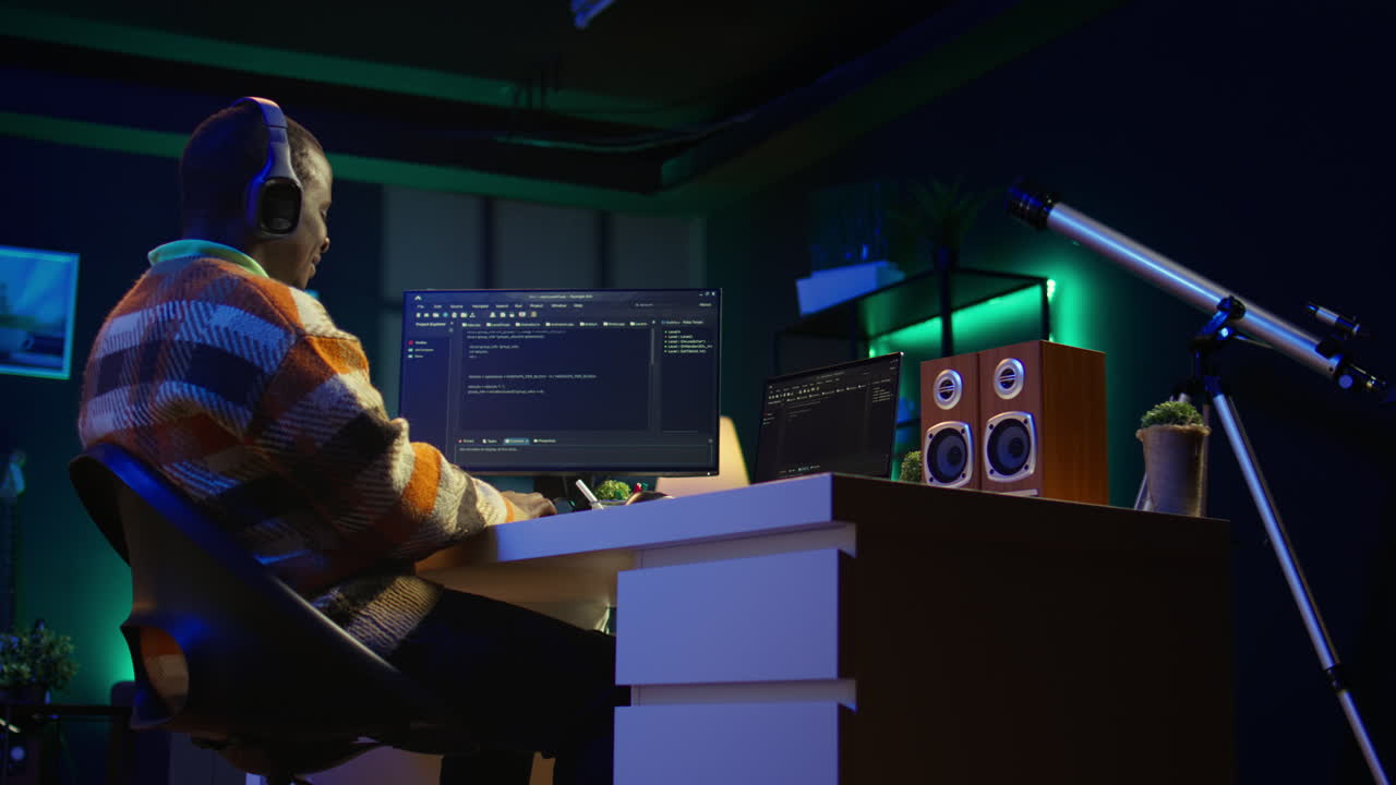 Man coding on computer at desk in dark room