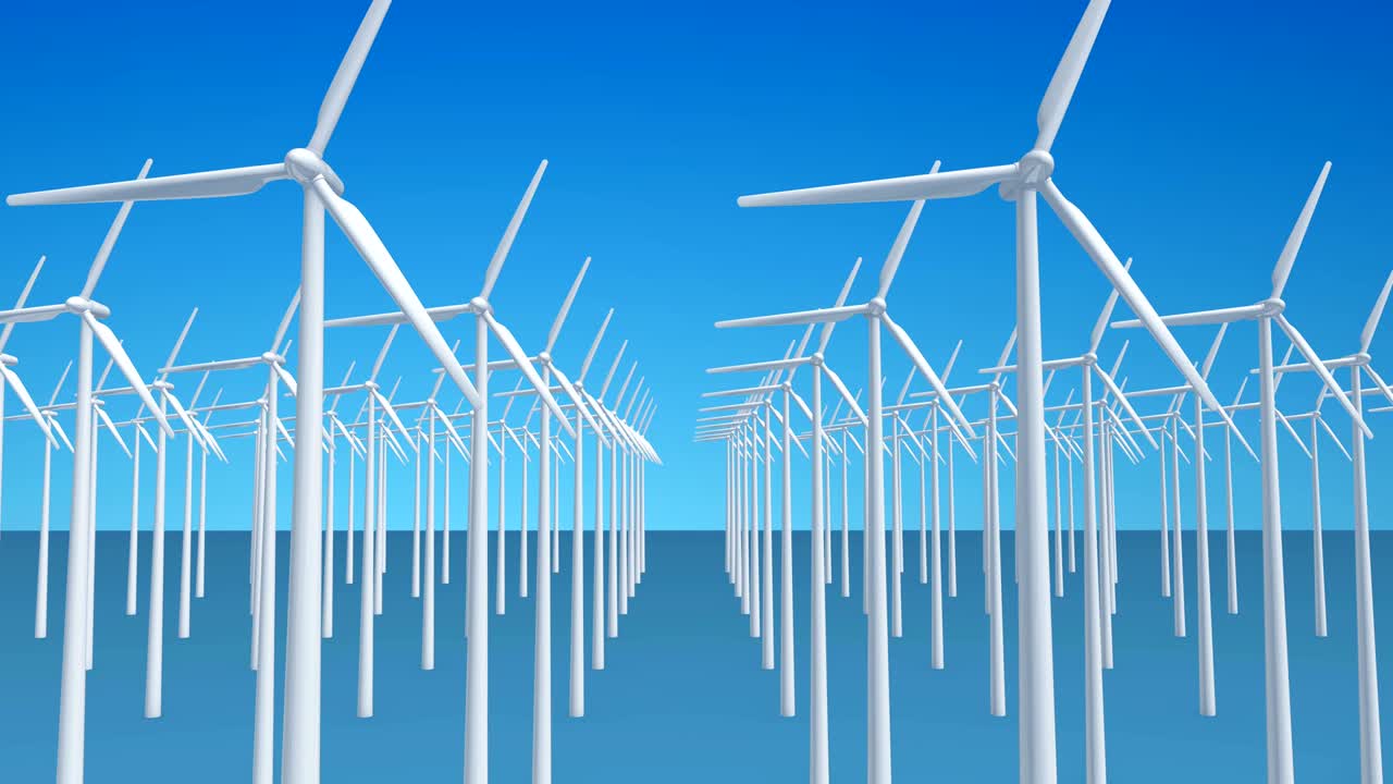 파란색 배경에 고립 된 풍력 터빈을 작업하는 다채로운 만화, 에너지 저장 시스템의 창의적 미니멀리즘 개념, 루프 가능한 디지털 3d 애니메이션.