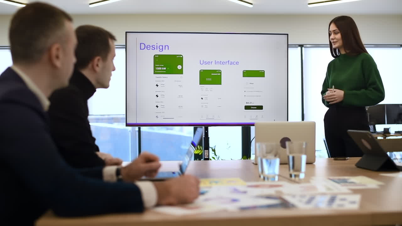 Female worker leading business meeting in an office, discussing business affairs with other workers using a big display with info
