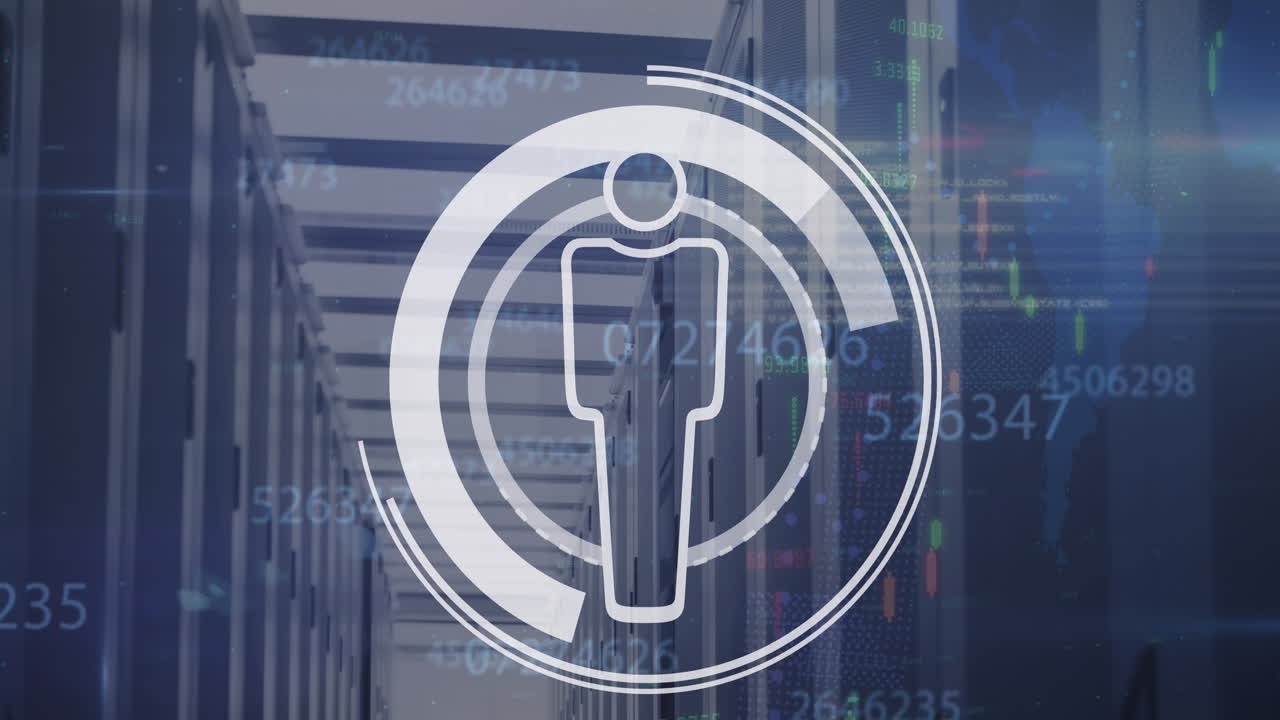 Animation of data processing and human icon over server room