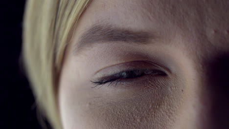 close up professional shot of pretty green blue eyes of female person with blond hairs