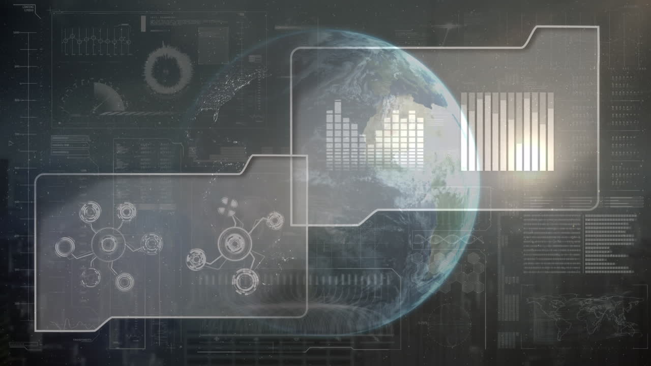 Animation of data processing over globe on black background