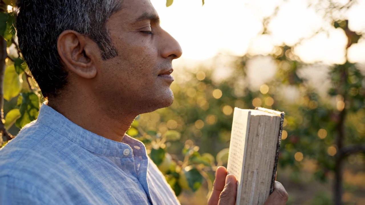 A Man Reflects Deeply While Holding a Book Close to His Heart Amidst Lush Greenery, Embracing Nature and Knowledge in a Tranquil Moment of Contemplation