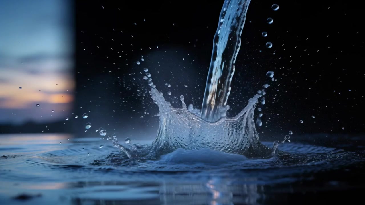 Un getto d'acqua verticale cade su una pozza calma al crepuscolo, creando una corona e disperdendo goccioline.