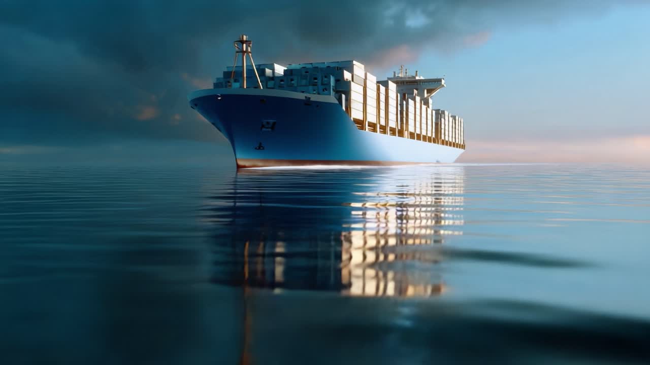 Majestic Cargo Ship Sailing Through Tranquil Waters Under Dramatic Skies Highlighting Maritime Transport and Global Trade in Stunning Visuals