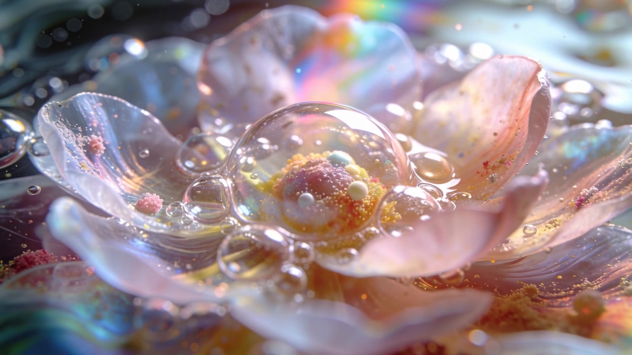 Lens closing on macro lab, prism sweeping, bubble growing, revealing detail, dust shifting on bloom