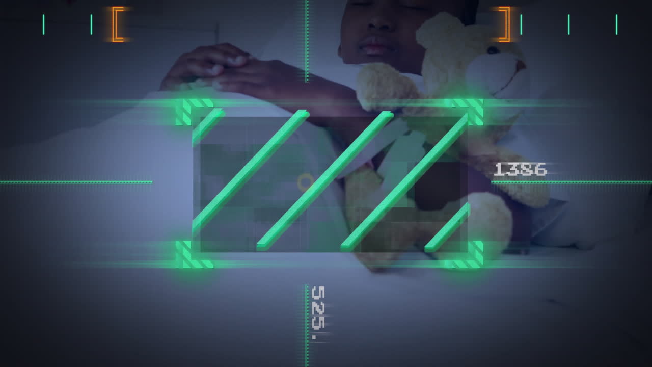 Girl lying on white pillow hugging teddy bear displaying neon HUD graphics numeric readouts in tech