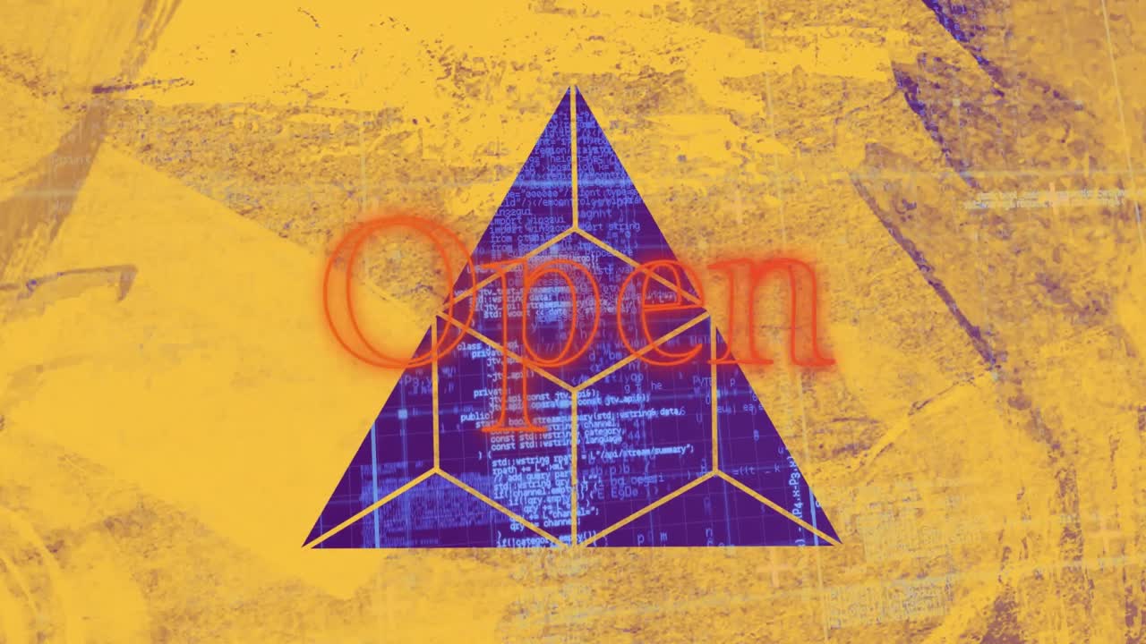 빨간 네온으로 열린 텍스트의 애니메이션과 더러운 노란 종이에서 삼각형 절단, 데이터 처리