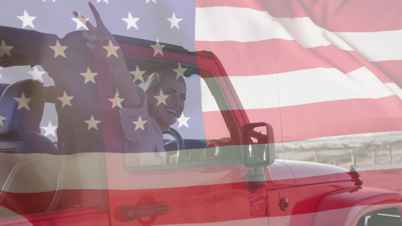 여름에 해변에서 차에서 행복한 백인 여성 위에 미국 발의 애니메이션